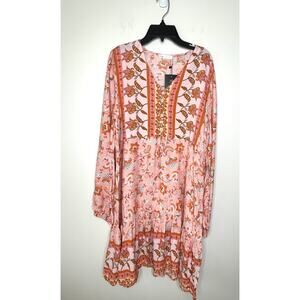 R. Vivimos V-Neck Floral Print Bohemian Flowy Mini Dress L Beachy Peasant Easter